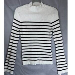 Ellen Tracy Ribbed Mock Neck Striped Bell Sleeve Sweater Women's L Pearl Accents